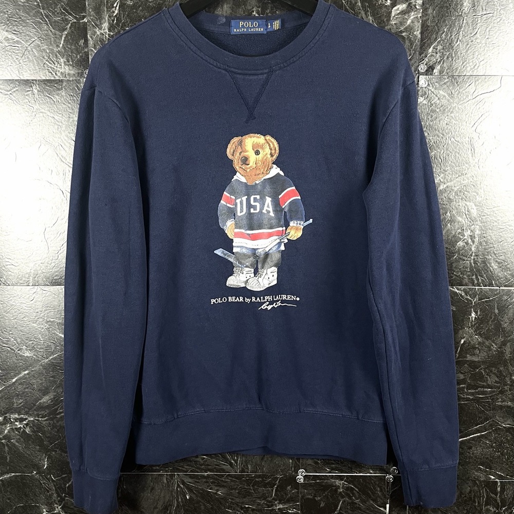 Polo Ralph Lauren Men's Navy USA Hockey Polo Bear Sweatshirt Small -Flaws